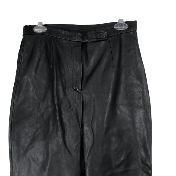 Vintage Jacqueline Ferrar Black Leather Pants SZ 10 High Rise Unhemmed Straight - Picture 3 of 8